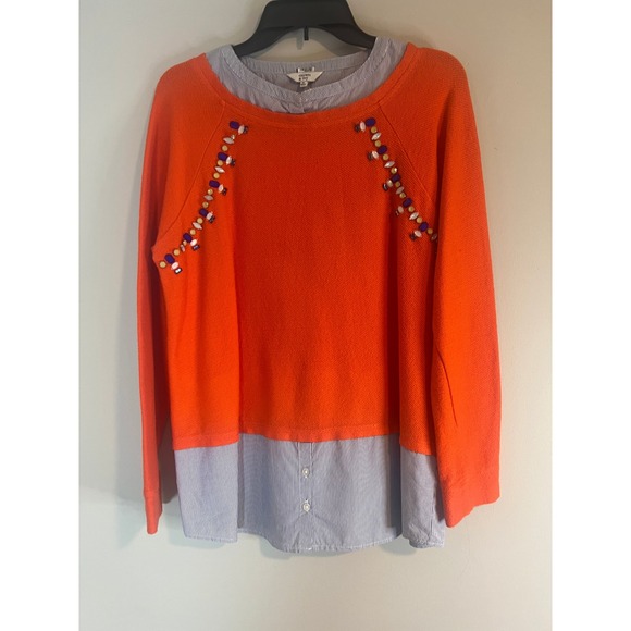crown & ivy Sweaters - Crown & Ivy Orange Layered Look Jeweled Sweater Blue Striped Shirt Hem Medium